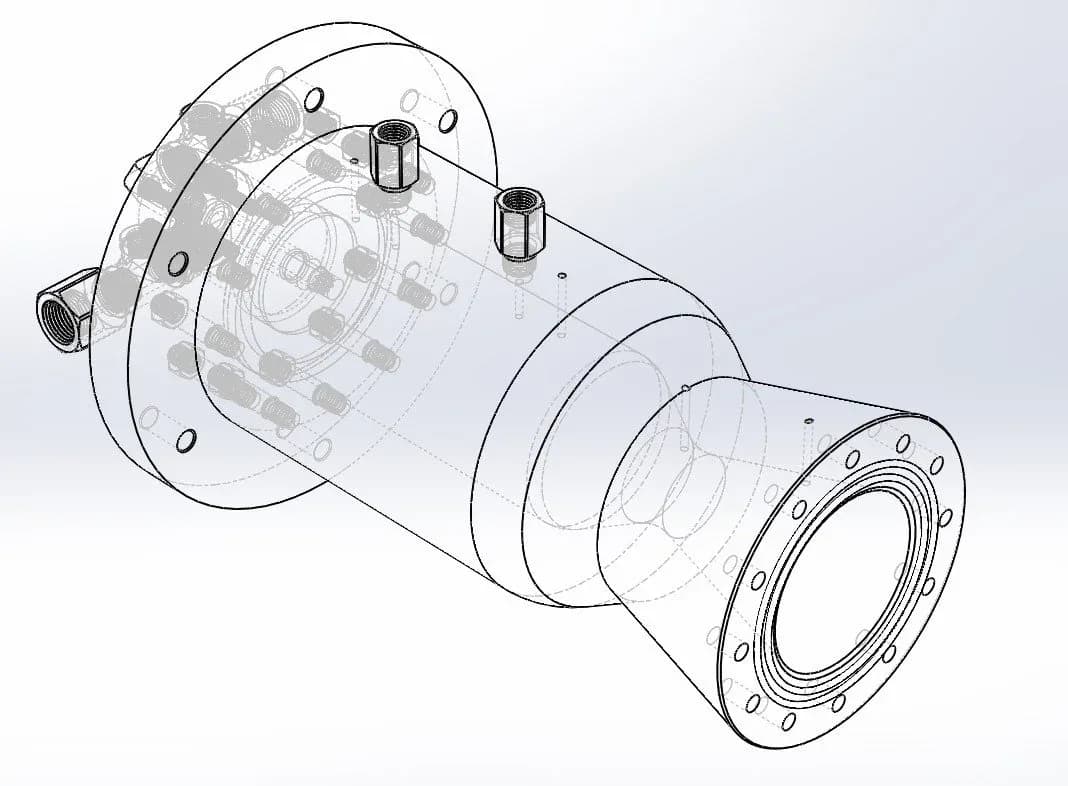 CAD wireframe of the SFU Rocketry GEN3 liquid rocket engine